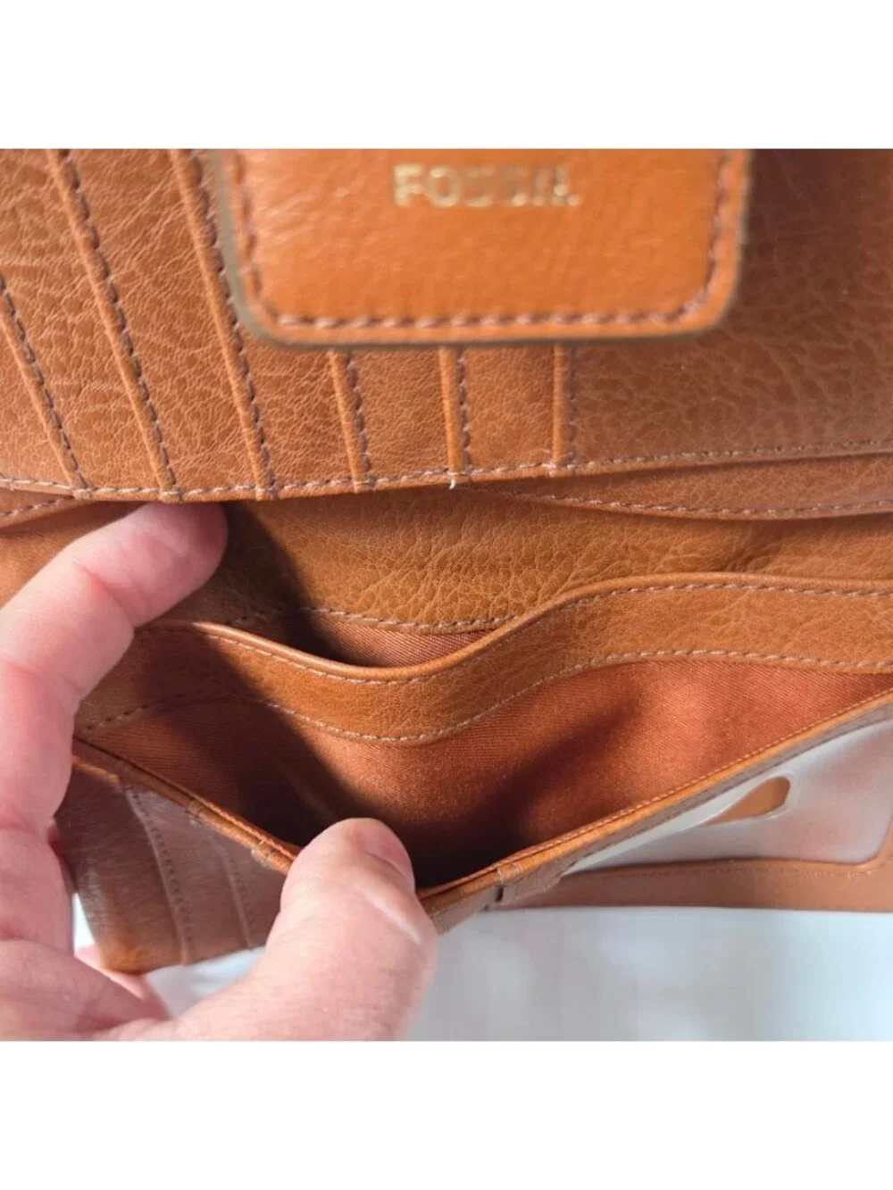 Fossil Womens Wallet Brown Leather Bifold Geometric Contrast Stitching Boho